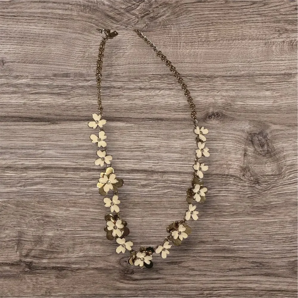 Kate Spade Pansy Blossoms Gold Tone and White Enamel Statement Necklace